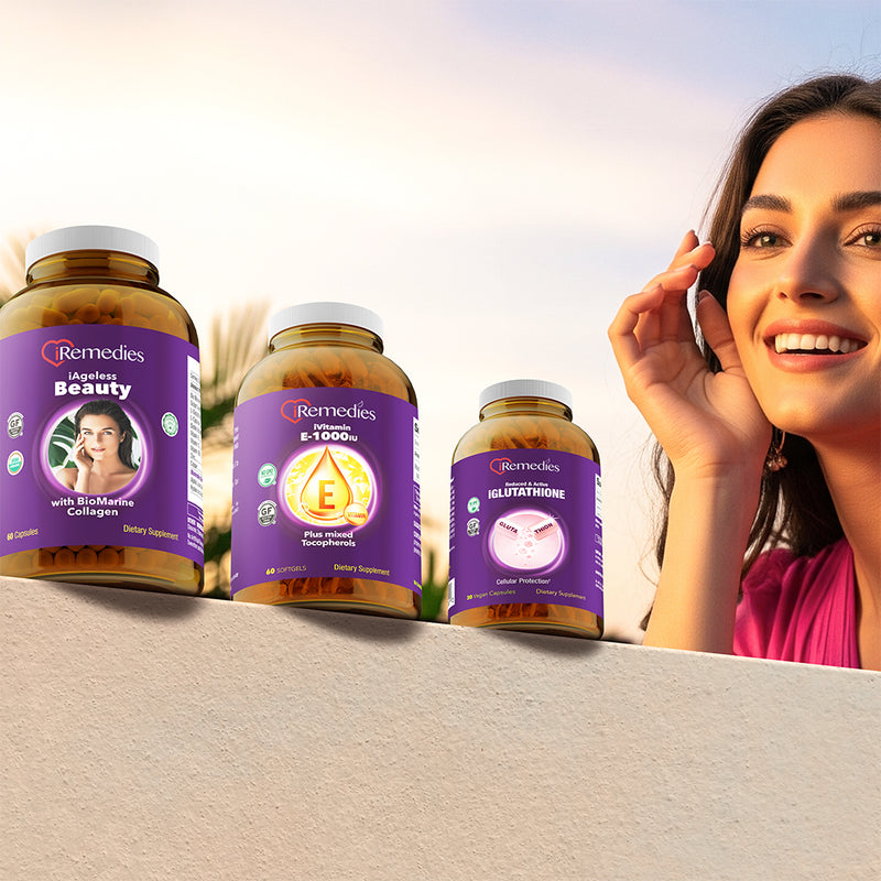 Three 'Remedies' supplement bottles on a surface with a woman smiling in the background.