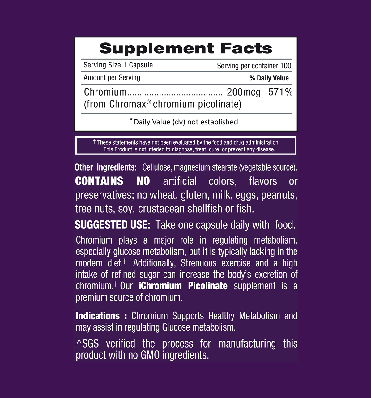 iChromium Picolinate 200 mcg – 100 capsules – gluten free